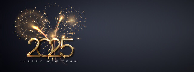 Wall Mural - 2025 happy new year. gold metal number with fireworks. holiday elegant celebration banner for christ