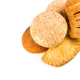 Fototapeta Na ścianę - Pastries, buns and bread Isolated on a white . There is free space for text.