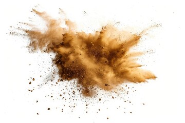 closeup of golden Dry soil explosion isolated on white background.Abstract dust explosion on white background --ar 3:2 Job ID: 83912801-e623-4124-9dca-50a56bc6bcda