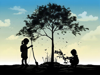 Two children silhouette planting and watering a tree with flying birds under a dusky sky, evoking growth and nurturing