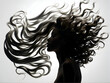 Artistic silhouette of a female figure with flowing hair in a dynamic, wind-swept motion, face artistically obscured