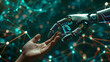 Hand of human and robot or artificial Intelligence connecting data information, machine learning technology