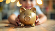 Golden piggy bank with kid behind, savings and investing from a young age for financial freedom