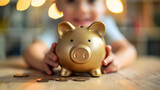 Fototapeta  - Golden piggy bank with kid behind, savings and investing from a young age for financial freedom