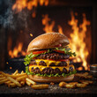 A juicy and delicious hamburger cooked over a wood fire. Ready to be eaten with french fries and other toppings. Product and brand placement can be done on the image.