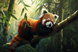 Playful red panda balancing on a tree branch amidst a bamboo forest.