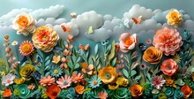 A Whimsical Paper Art Design Of A Garden Scene, Featuring Flowers And Butterflies Made From Colorful Paper On A Light Green Background