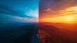 A mesmerizing image showcasing the transition from day to night,  with the left side aglow in the warm hues of sunrise and the right side blanketed in the darkness of nightfall