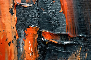 Poster - Closeup of abstract rough dark orange black art painting texture, with oil acrylic brushstroke, pallet knife paint on canvas