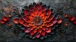 An intricate paper art of a mandala, featuring a detailed pattern cut from red and orange paper on a black background