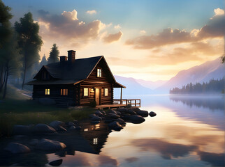 Wall Mural - A tranquil wooden cabin beside a peaceful lake at sunset, encapsulating the beauty and serenity of nature