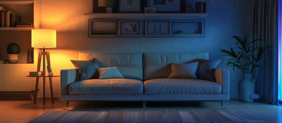 Wall Mural - A living room furnished with a sofa, lamp, and shelf.