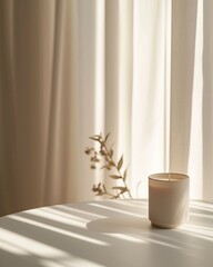 Wall Mural - An elegant lit candle on a table with a plant next to it. Sheer curtains in the background.