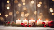 Burning candle for christmas background. Advent wreath of white painted branches with snowy bokeh and selective focus