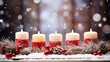 Advent wreath of white painted branches with burning candle for christmas background with snowy bokeh and copy space