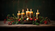 Advent Kerzen erster Advent wreath with burning white candle and Christmas decoration with copy space, selected focus, narrow depth of field