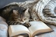 Peaceful tabby cat dozes on a soft bed with an open book, enveloped by a chunky knit blanket, capturing a serene rainy day moment