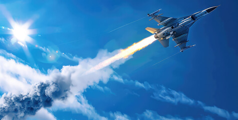Wall Mural - fighter jet, blue sky background, flying in the air and firing missile, with smoke behind it