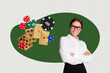 © deagreez - Composite trend artwork sketch photo collage of young confident lady office manager play gambling game posing at chip casino cards winner
