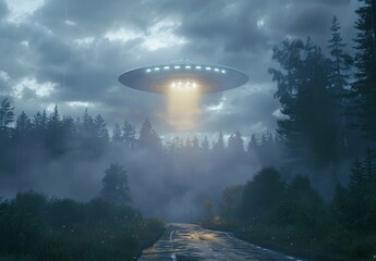 Wall Mural - a large flying saucer hovers with its light hovering over the road