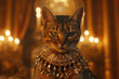 Anthropomorphic feline with a luxurious bejeweled collar posing majestically