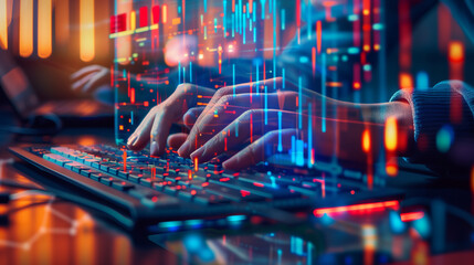 A man is typing on a laptop computer. The screen is filled with code and the man's fingers are moving across the keyboard. Concept of focus and concentration as the man works on his computer