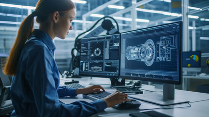 Wall Mural - A woman is working on a computer. She is typing on a keyboard and she is focused on her work. Concept of productivity and concentration, as the woman is engaged in her task