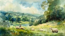 Pastoral Watercolor Scene With Sheep And A Shepherd