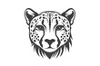 A minimalist cheetah face icon in monochromatic grayscale, accentuated by bold and precise lines. Isolated on a white background.