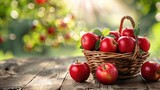 Fototapeta  - Red apples in a basket on a rustic table in a garden close-up outdoors, orchard, place for text