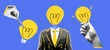 Creative collage concepts set: Man with a light bulb head in a pop art style, featuring blue and yellow grunge textures and dadaism elements. Hand-drawn doodles and cut-out paper 