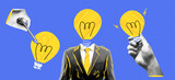 Fototapeta  - Creative collage concepts set: Man with a light bulb head in a pop art style, featuring blue and yellow grunge textures and dadaism elements. Hand-drawn doodles and cut-out paper 