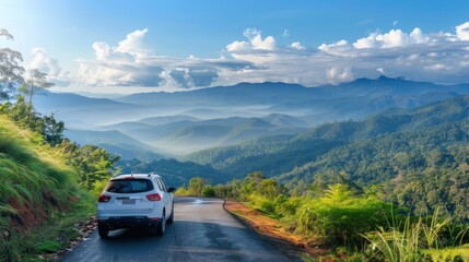 Wall Mural - A car parked at a lookout point, with a panoramic view of mountains or a coastline. 