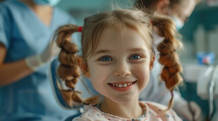 Children's dentistry. Live funny photo of a laughing child at the dentist's appointment. Cute little girl visit dental clinic check up teeth. Kid patient treat baby milk tooth. Woman dentist.