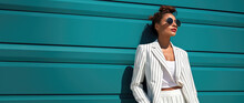 Chic Woman In Pinstripe Suit Basking In Sunlight Against A Teal Backdrop.