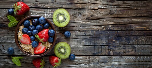 Wall Mural - Oatmeal with blueberries, strawberries and kiwi. On a wooden background. View from above. place for text. generative ai
