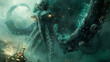 Mechanical kraken rising from the abyss, steampunk ocean terror, submerged nightmare