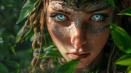 Hyper-realistic 3D elf, eyes glowing with magic, amidst ancient runes and lush foliage