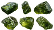 Moldavite gemstone collection showcasing green cosmic tektites, isolated on a transparent background. Top view flat lay of 3D digital art, a rare and valuable mineral.