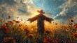Whimsical Scarecrow Amidst Vibrant Sunflower Field at Autumn Sunset