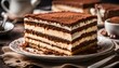 Tiramisu cake, Homemade tiramisu dessert close-up, Traditional Italian cuisine.
