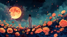Ethereal Woman Silhouetted Against A Glowing Harvest Moon In A Magical Floral Meadow At Twilight