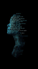 Wall Mural - Digital human head silhouette with code overlay against a black background.