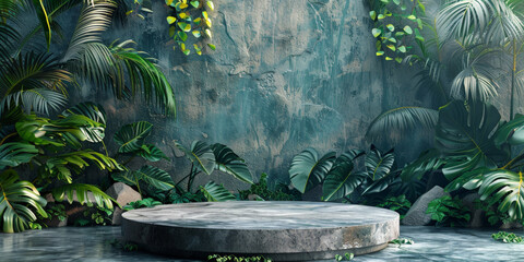 Sticker - empty stone round podium pedestal amidst on  tropical jungle leaves background, a mockup for a product presentation.empty Stone podium scene summer background 