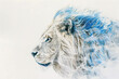 A regal lion with a distinct blue and white mane, emanating power and nobility against a pristine white backdrop.