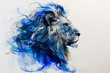 A regal lion with a distinctive blue and white mane, exuding strength and nobility against a clean white backdrop.