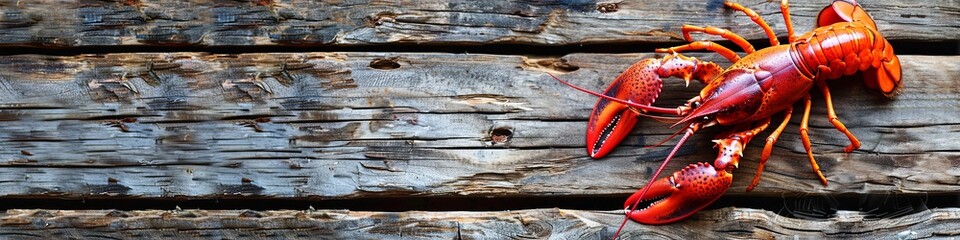 red crayfish on an old wooden background. View from above. Flat layout. generative ai