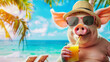 A pig in a straw hat and sunglasses on the ocean shore with a cocktail on a sunny summer day.