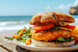 Appetizing burger with vegetables against the backdrop of the sea beach.
