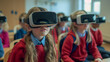 Modern Children are sitting in classroom at school with virtual reality head set